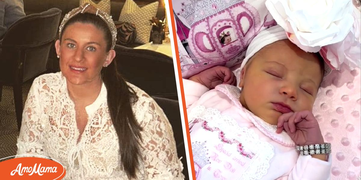 Mama, die ihr 6 Wochen altes Baby mit schicken Markenkleidern